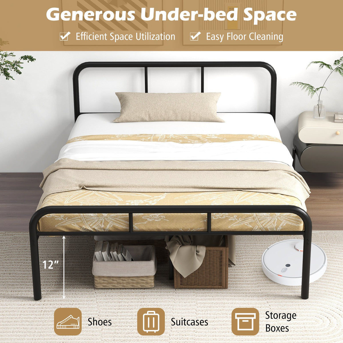 Full Bed Frame with Headboard and Footboard No Box Spring Needed-Black view 7