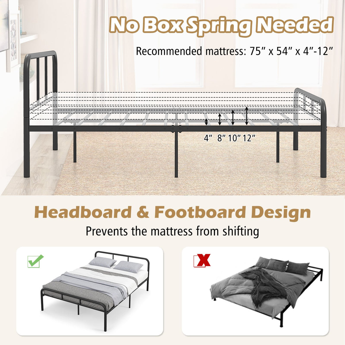 Full Bed Frame with Headboard and Footboard No Box Spring Needed-Black view 9