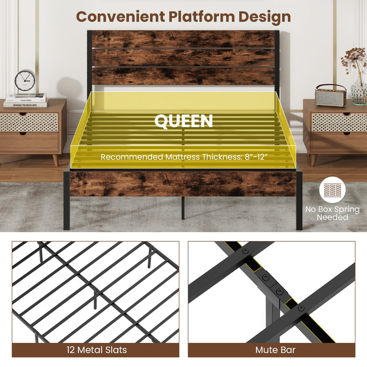 Full/King/Queen/Twin Size Bed Frame with High Headboard and Mute Bar-Queen Size view 7