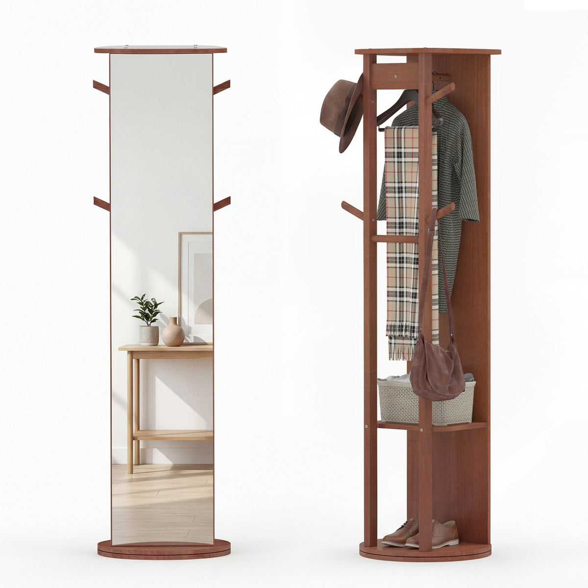 Full Length Mirror Coat Rack Solid Wood Standing Mirror-Walnut