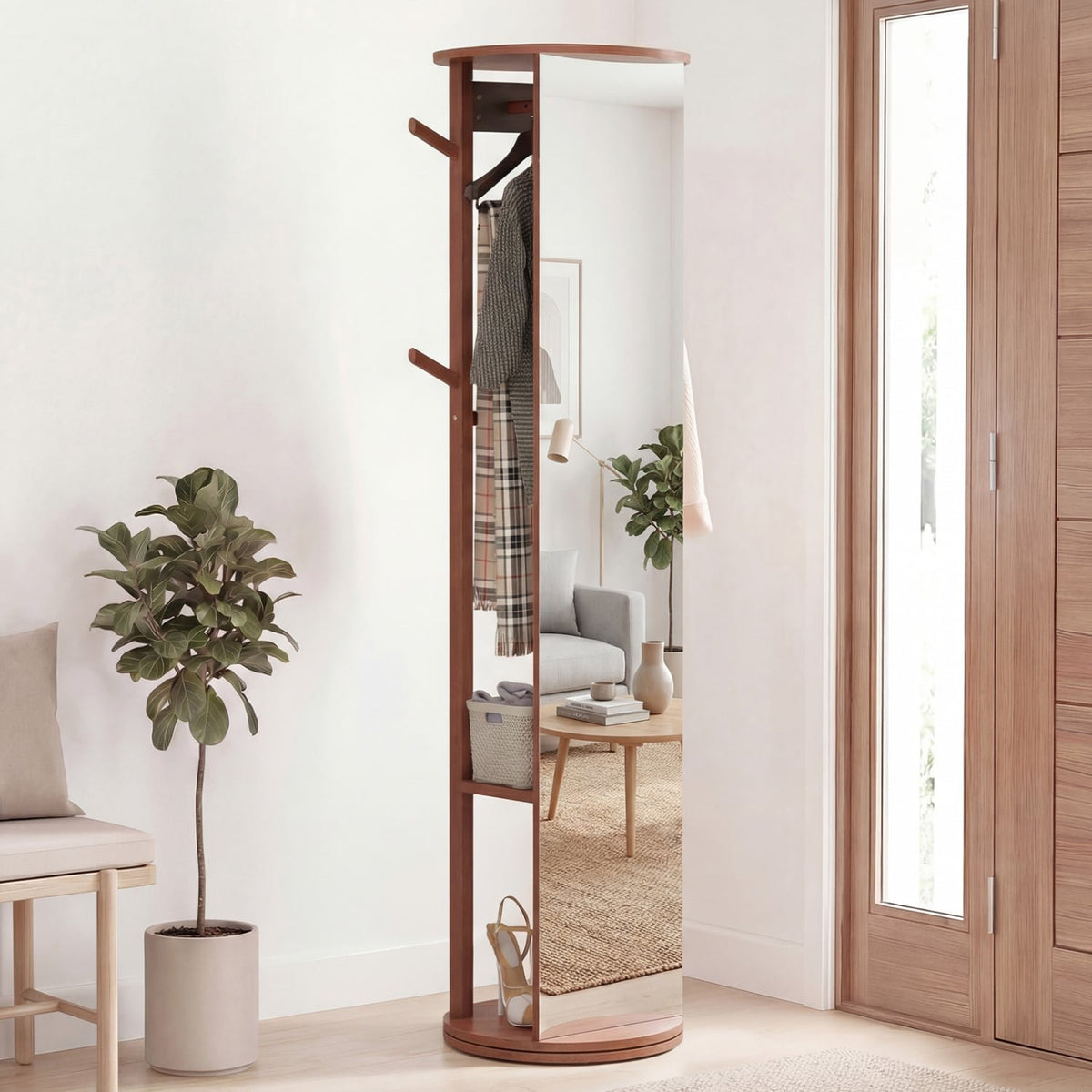 Full Length Mirror Coat Rack Solid Wood Standing Mirror-Walnut view 2