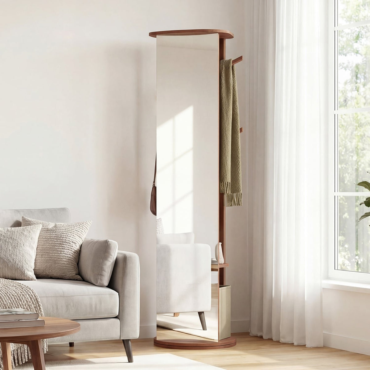 Full Length Mirror Coat Rack Solid Wood Standing Mirror-Walnut view 3