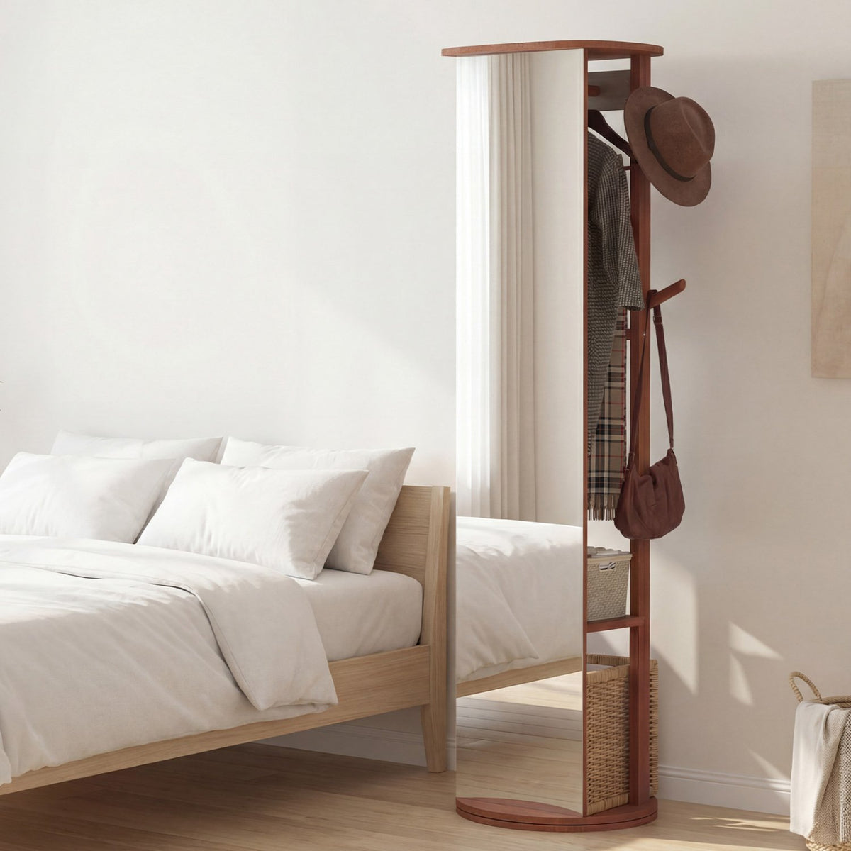Full Length Mirror Coat Rack Solid Wood Standing Mirror-Walnut view 5