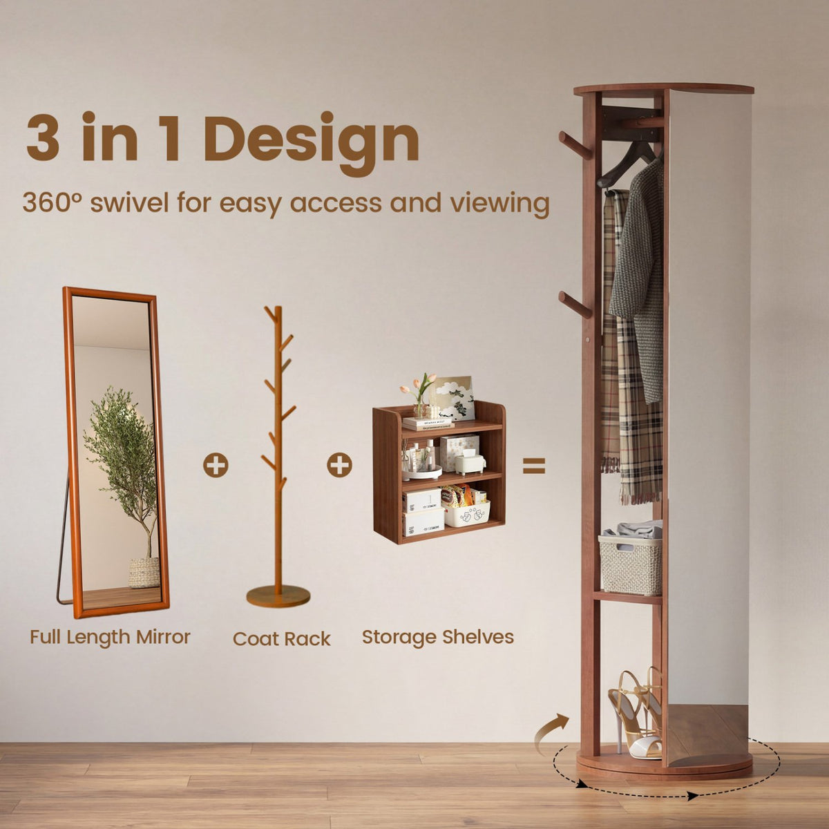 Full Length Mirror Coat Rack Solid Wood Standing Mirror-Walnut view 8