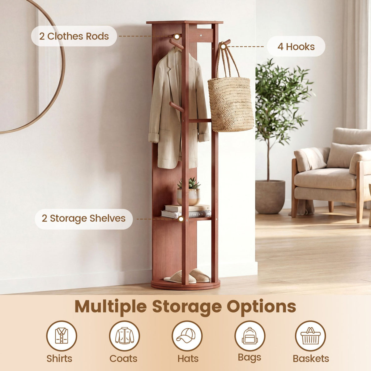 Full Length Mirror Coat Rack Solid Wood Standing Mirror-Walnut view 9