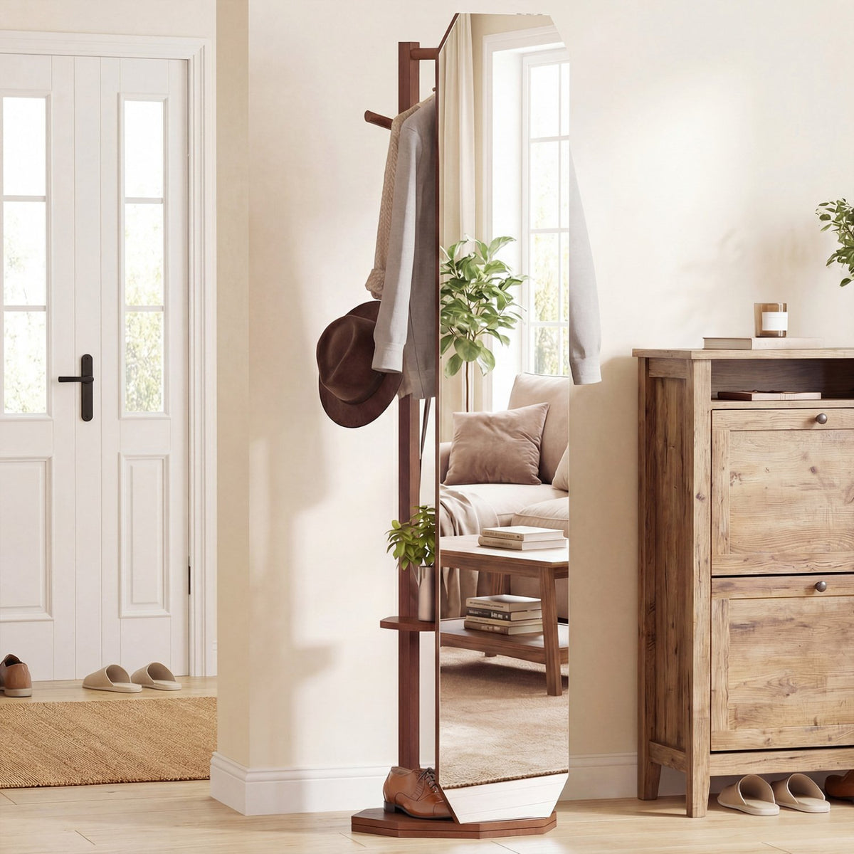 Full Length Mirror Coat Rack with Clothes Hanger for Bedroom-Walnut view 3