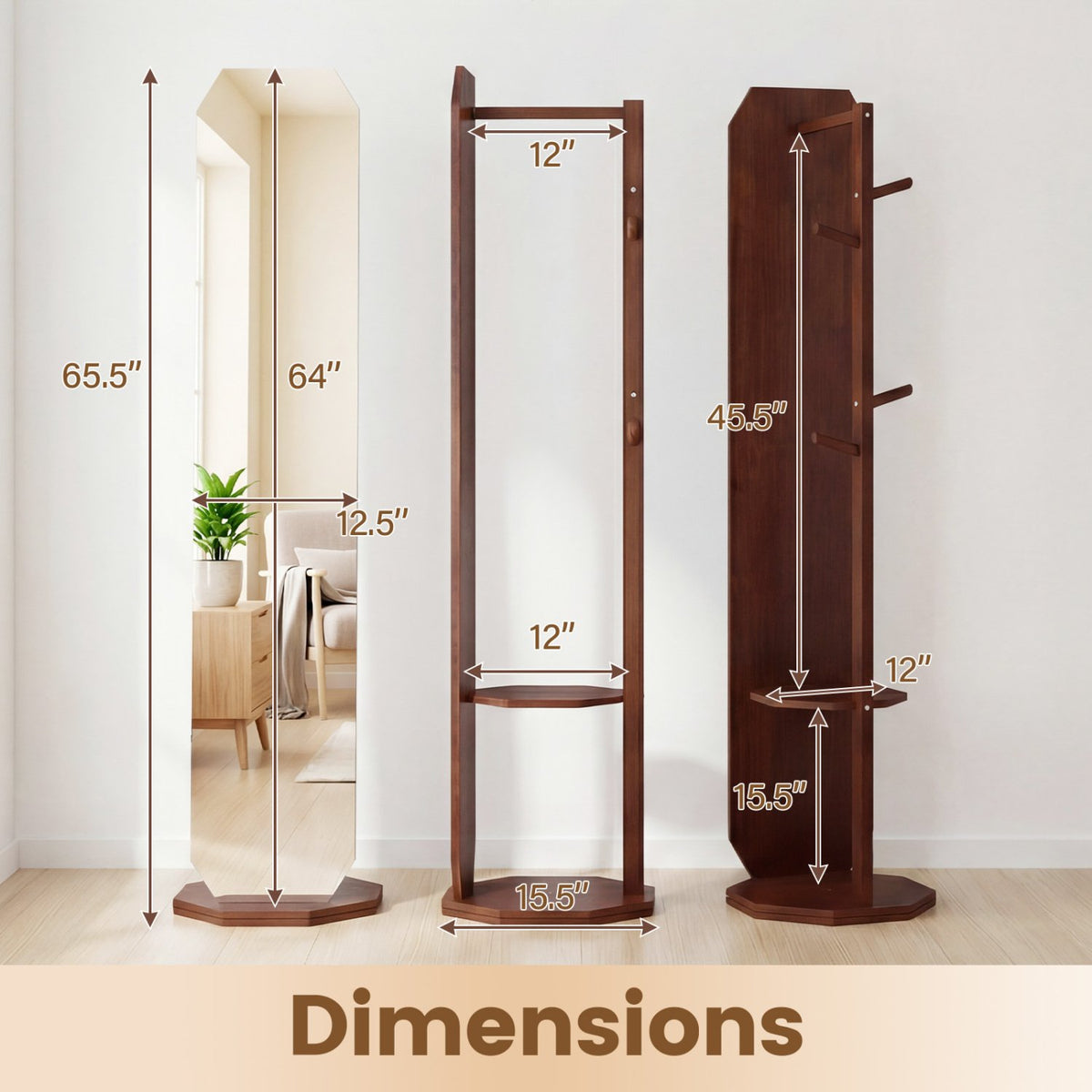 Full Length Mirror Coat Rack with Clothes Hanger for Bedroom-Walnut view 4