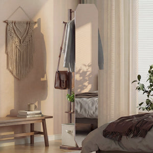 Full Length Mirror Coat Rack with Clothes Hanger for Bedroom-Walnut view 6