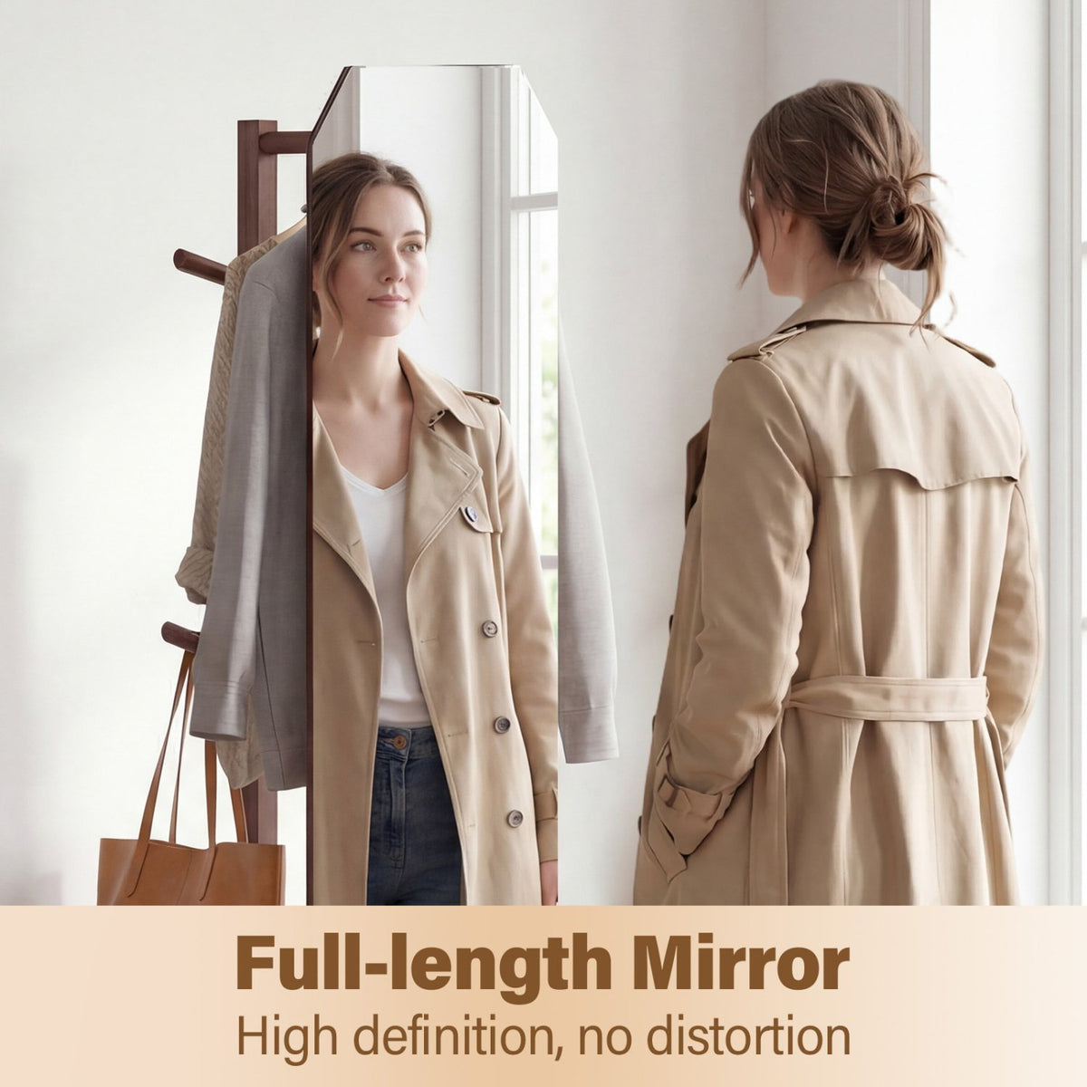 Full Length Mirror Coat Rack with Clothes Hanger for Bedroom-Walnut view 7
