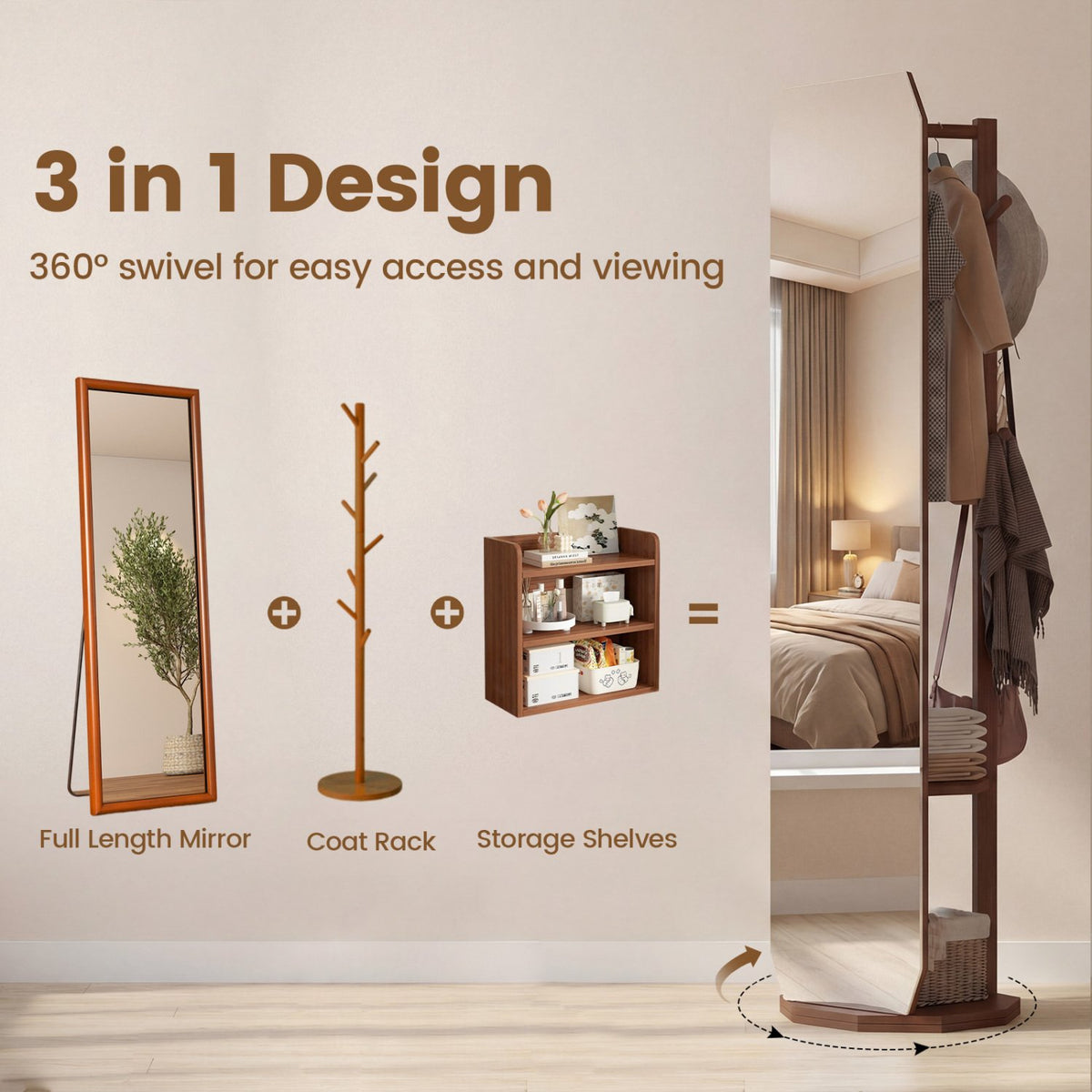 Full Length Mirror Coat Rack with Clothes Hanger for Bedroom-Walnut view 8