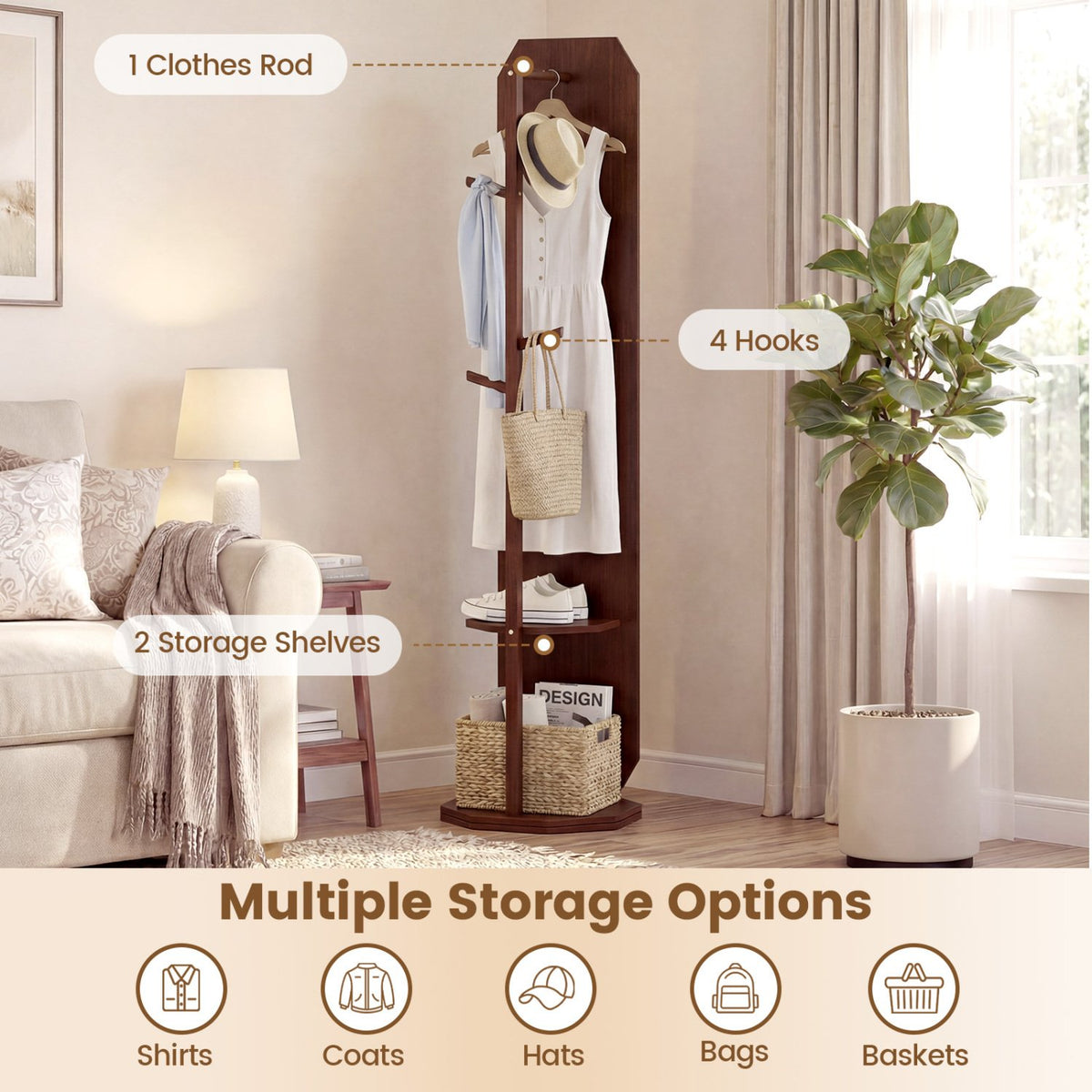 Full Length Mirror Coat Rack with Clothes Hanger for Bedroom-Walnut view 9
