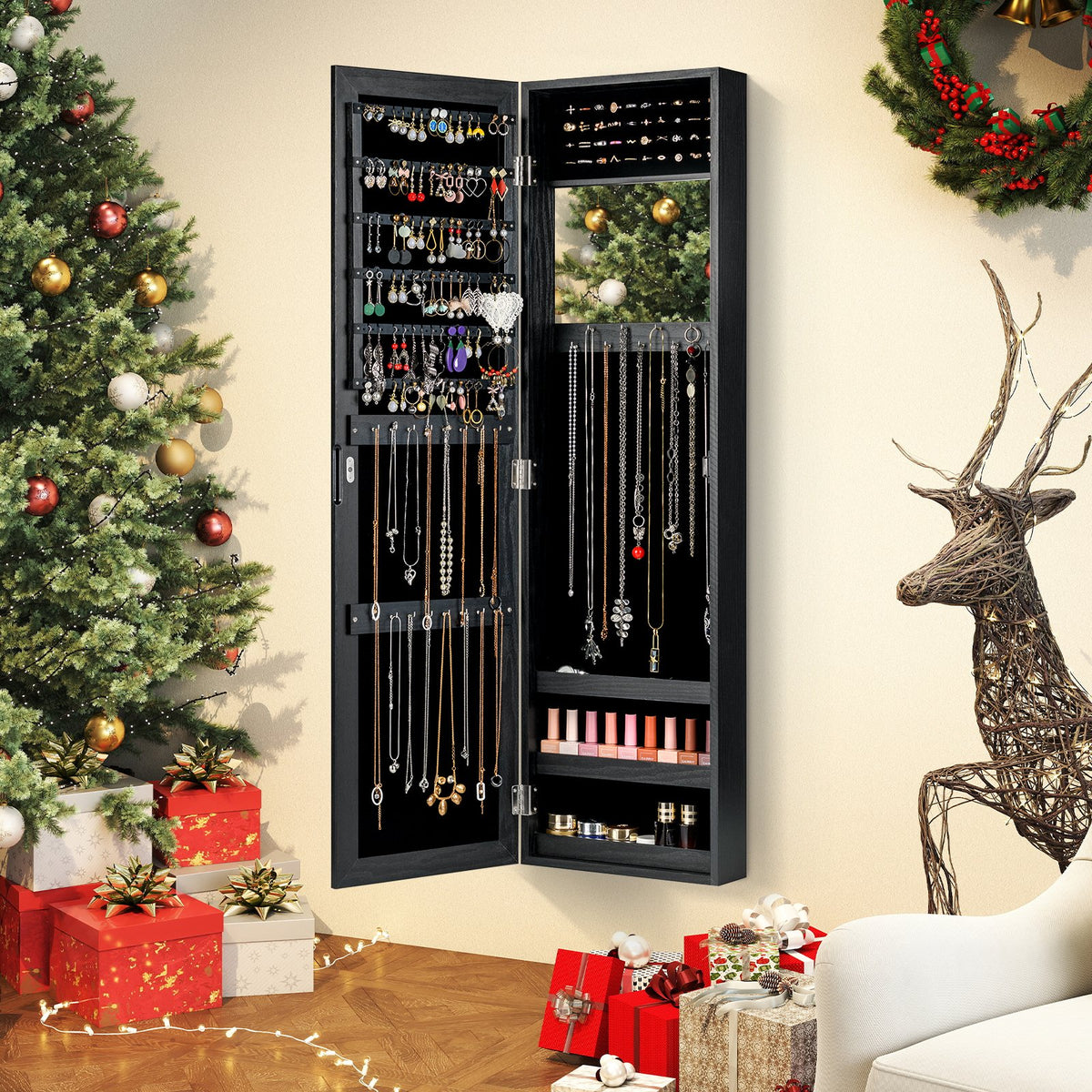 Full Length Mirror Jewelry Cabinet with Ring Slots and Necklace Hooks-Black view 2