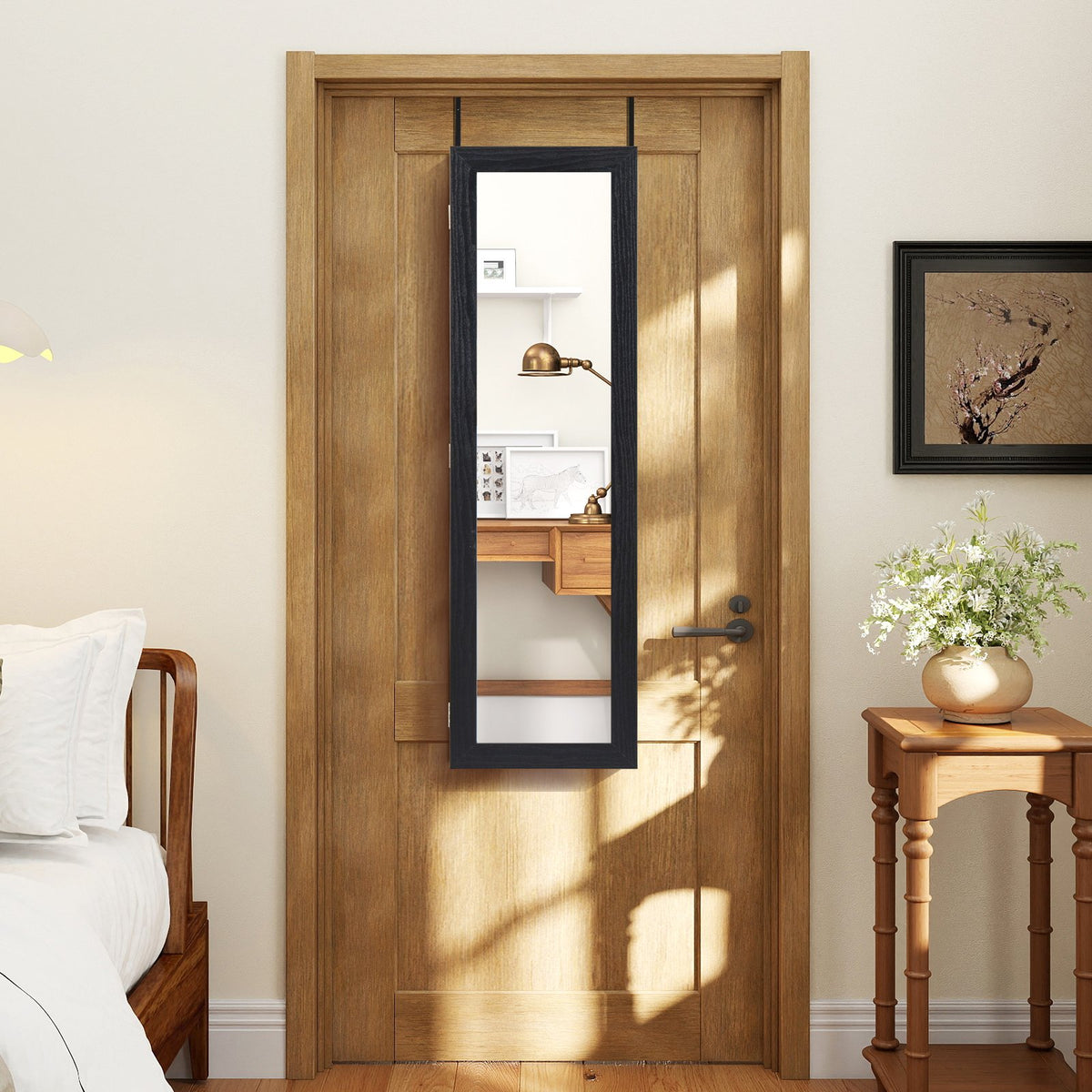 Full Length Mirror Jewelry Cabinet with Ring Slots and Necklace Hooks-Black view 3