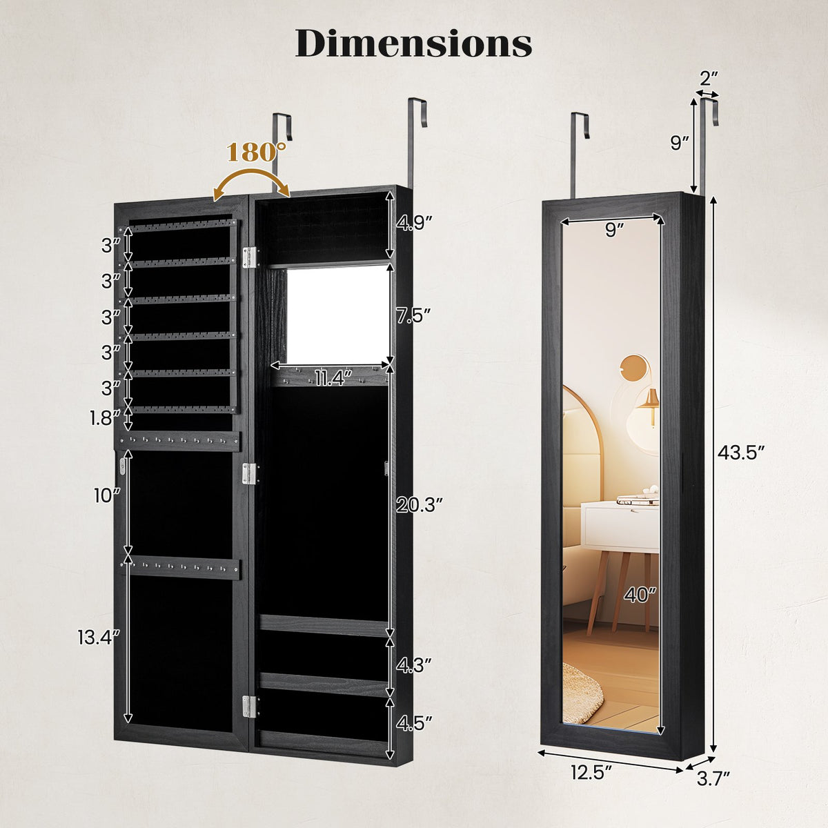 Full Length Mirror Jewelry Cabinet with Ring Slots and Necklace Hooks-Black view 5