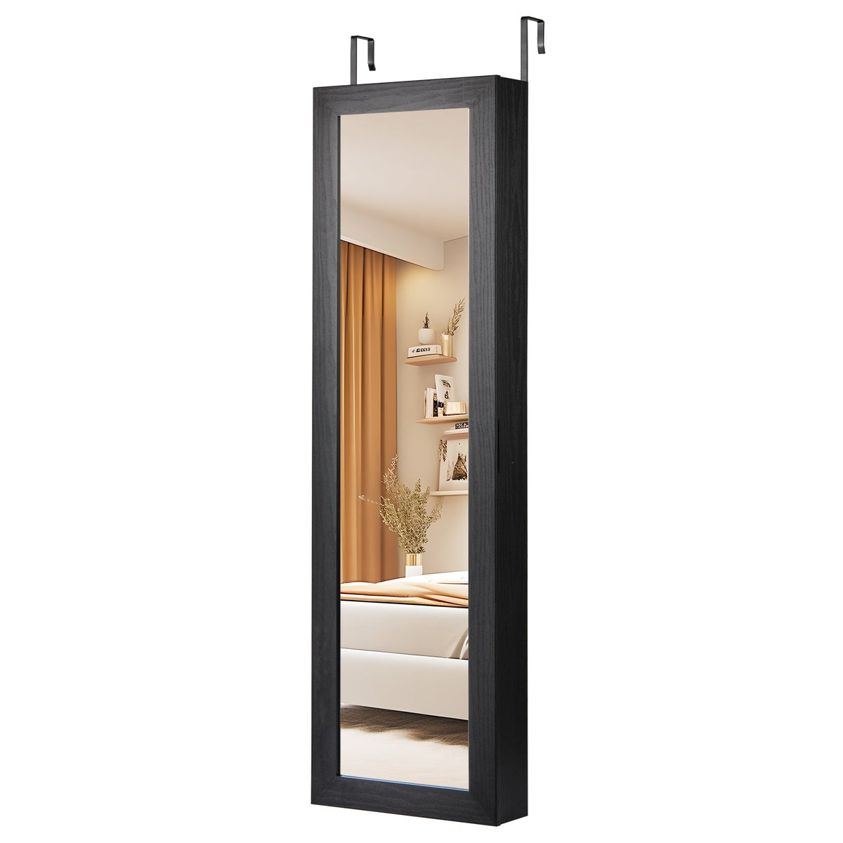 Full Length Mirror Jewelry Cabinet with Ring Slots and Necklace Hooks-Black view 6