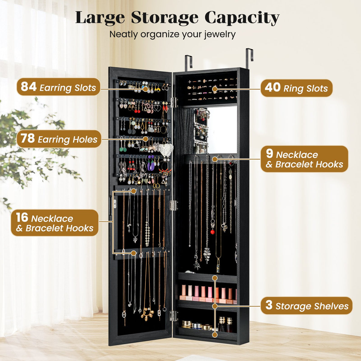 Full Length Mirror Jewelry Cabinet with Ring Slots and Necklace Hooks-Black view 7