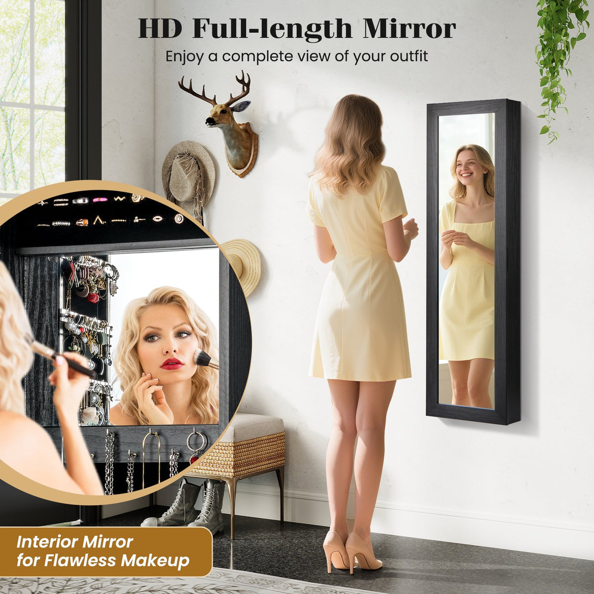 Full Length Mirror Jewelry Cabinet with Ring Slots and Necklace Hooks-Black view 8