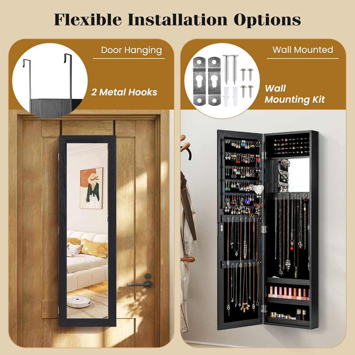 Full Length Mirror Jewelry Cabinet with Ring Slots and Necklace Hooks-Black view 9