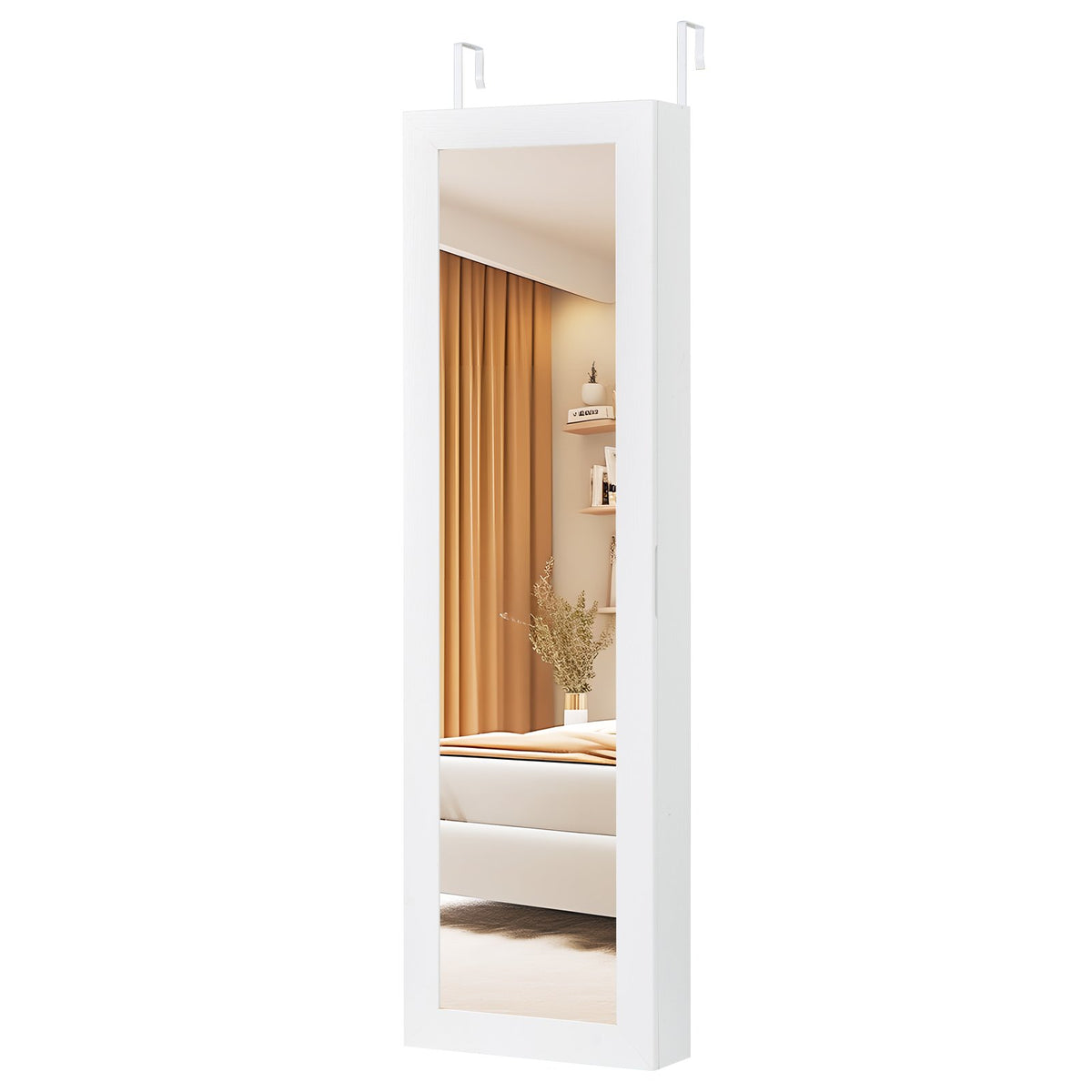Full Length Mirror Jewelry Cabinet with Ring Slots and Necklace Hooks-White view 6