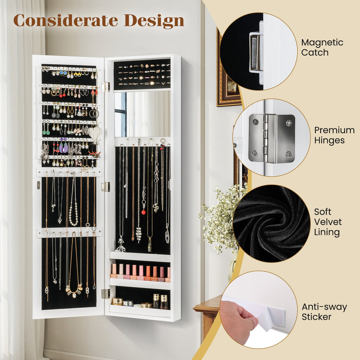 Full Length Mirror Jewelry Cabinet with Ring Slots and Necklace Hooks-White view 7