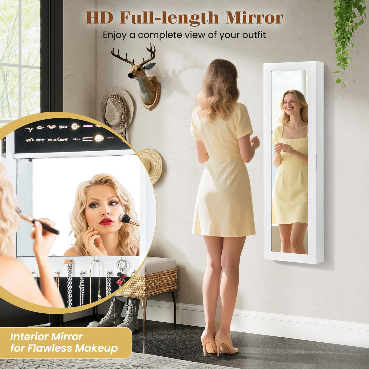 Full Length Mirror Jewelry Cabinet with Ring Slots and Necklace Hooks-White view 9