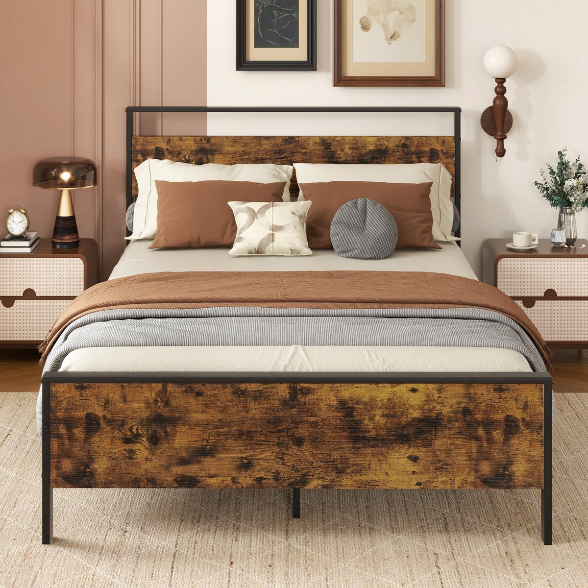 Full Metal Bed Frame Industrial Platform Bed with Wooden Headboard-Full Size view 3