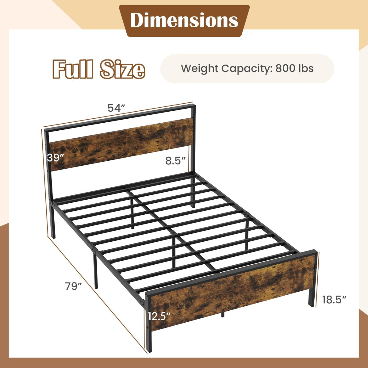 Full Metal Bed Frame Industrial Platform Bed with Wooden Headboard-Full Size view 4