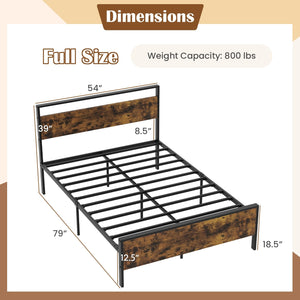 Full Metal Bed Frame Industrial Platform Bed with Wooden Headboard-Full Size view 4