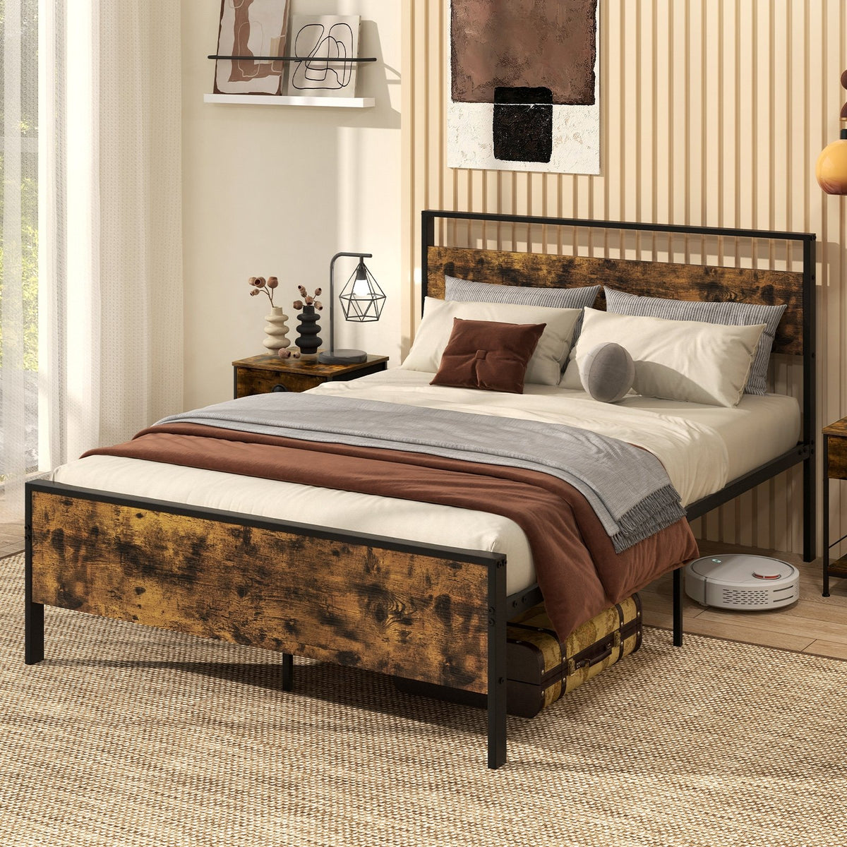 Full Metal Bed Frame Industrial Platform Bed with Wooden Headboard-Full Size view 5