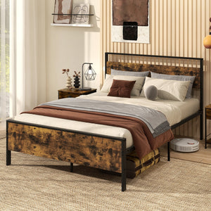 Full Metal Bed Frame Industrial Platform Bed with Wooden Headboard-Full Size view 5