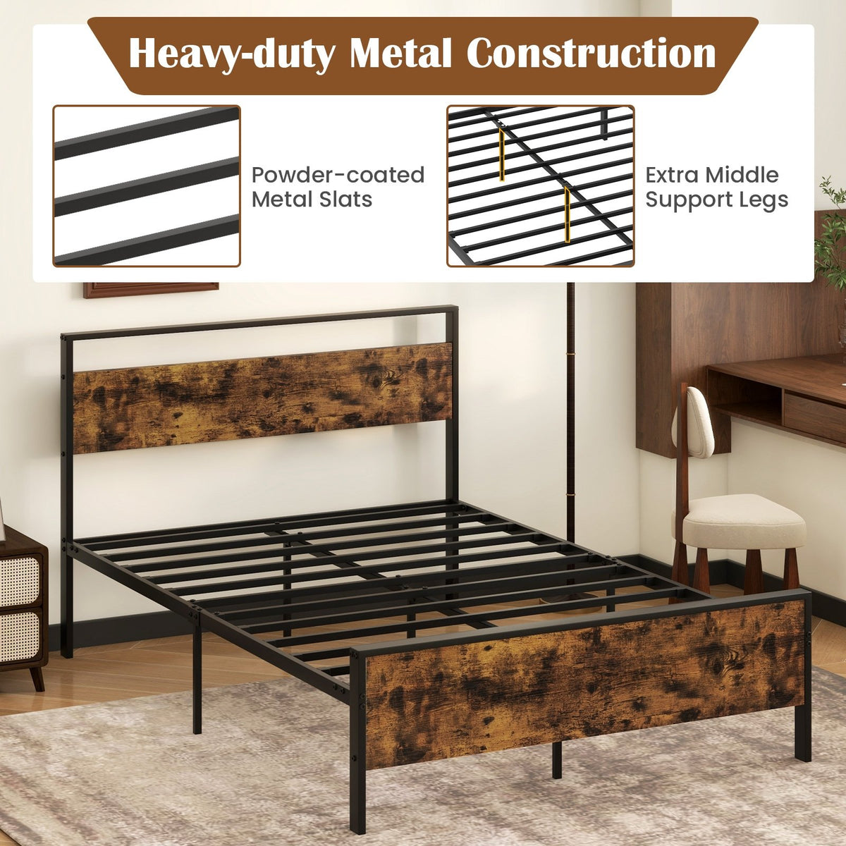 Full Metal Bed Frame Industrial Platform Bed with Wooden Headboard-Full Size view 7
