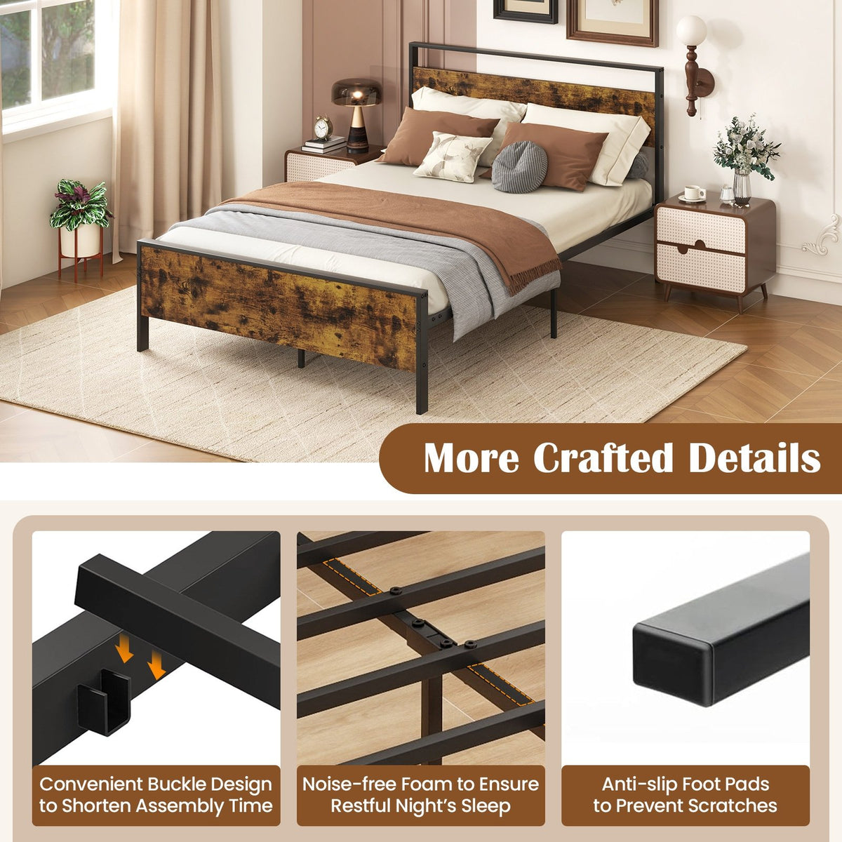 Full Metal Bed Frame Industrial Platform Bed with Wooden Headboard-Full Size view 8