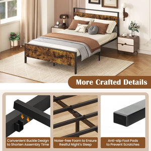 Full Metal Bed Frame Industrial Platform Bed with Wooden Headboard-Full Size view 8