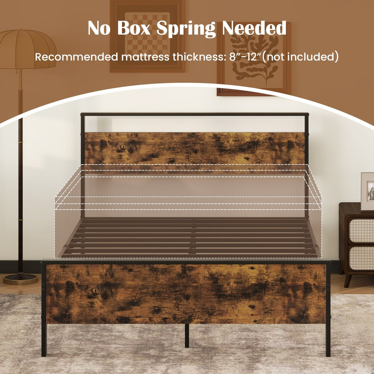 Full Metal Bed Frame Industrial Platform Bed with Wooden Headboard-Full Size view 9