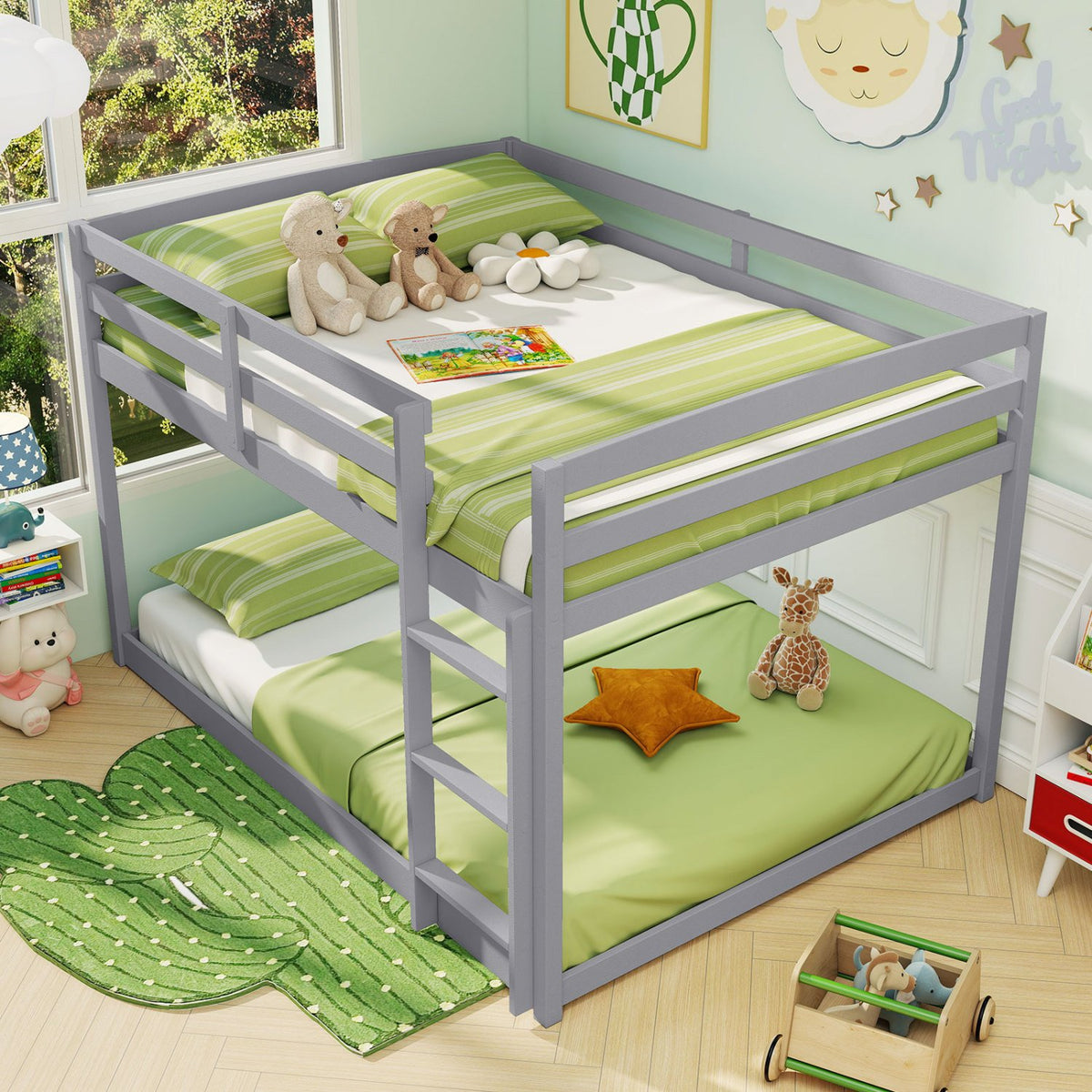 Full Over Full Bunk Bed Low-to-ground Bunk Bed-Gray view 3