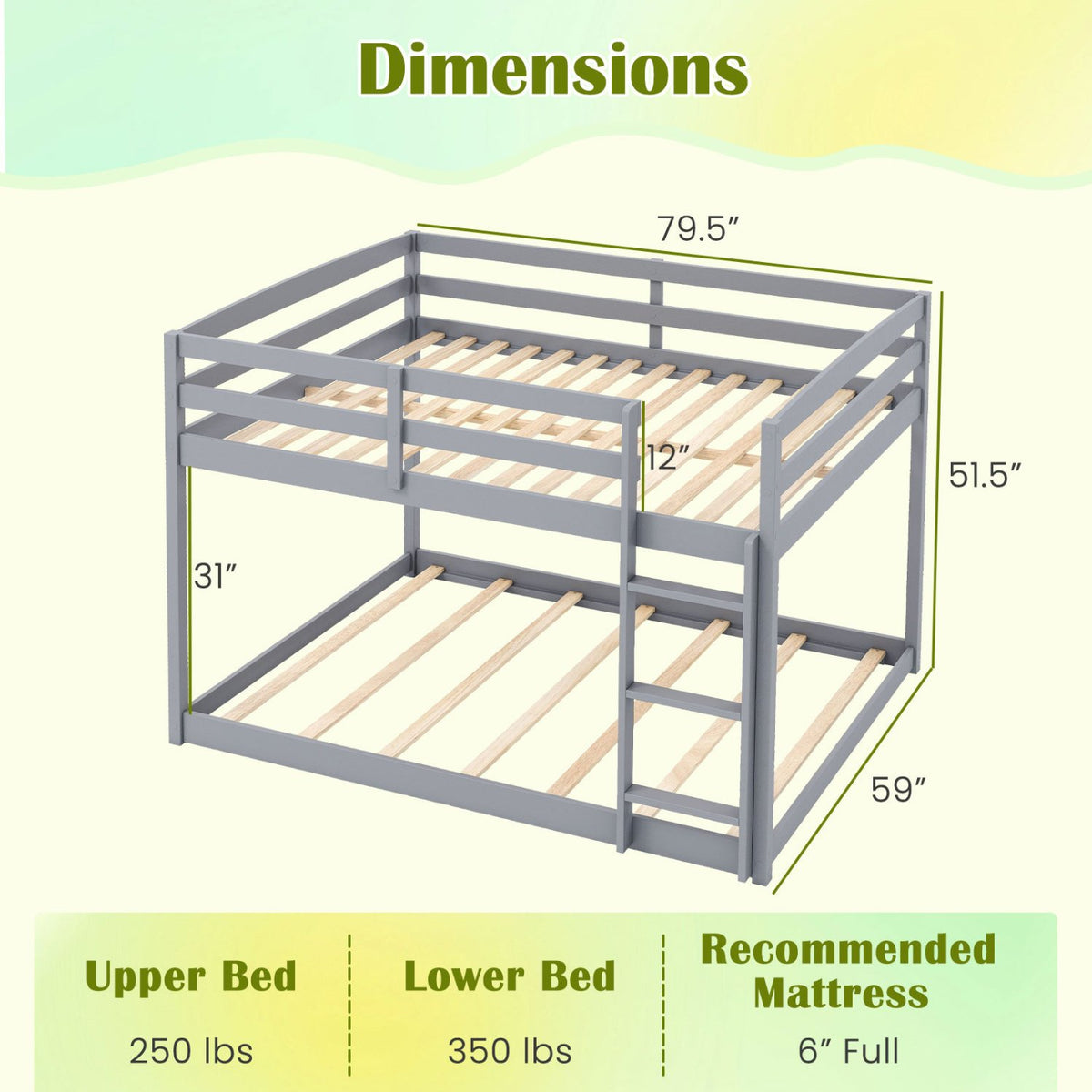 Full Over Full Bunk Bed Low-to-ground Bunk Bed-Gray view 4