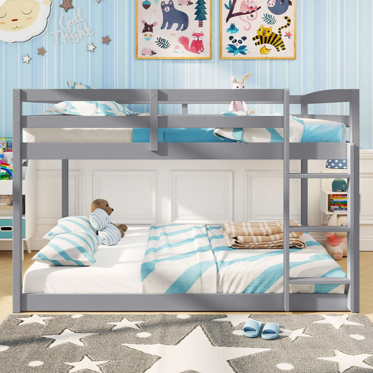 Full Over Full Bunk Bed Low-to-ground Bunk Bed-Gray view 5