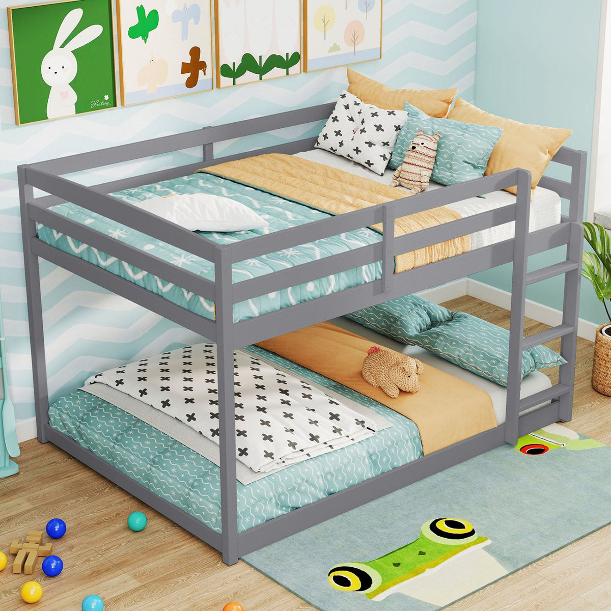 Full Over Full Bunk Bed Low-to-ground Bunk Bed-Gray view 6