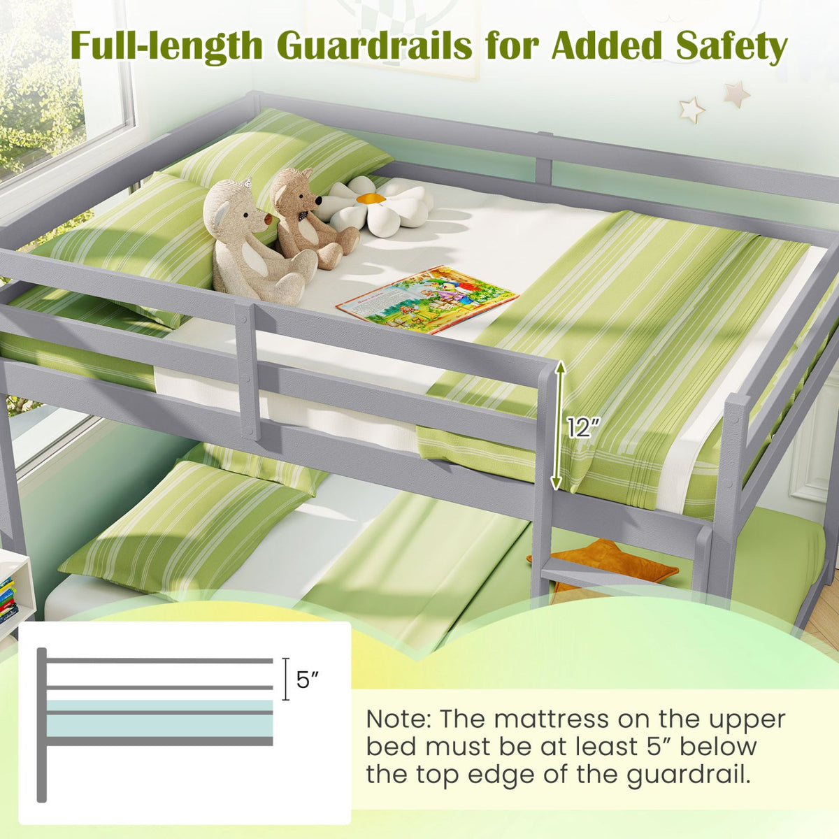 Full Over Full Bunk Bed Low-to-ground Bunk Bed-Gray view 8