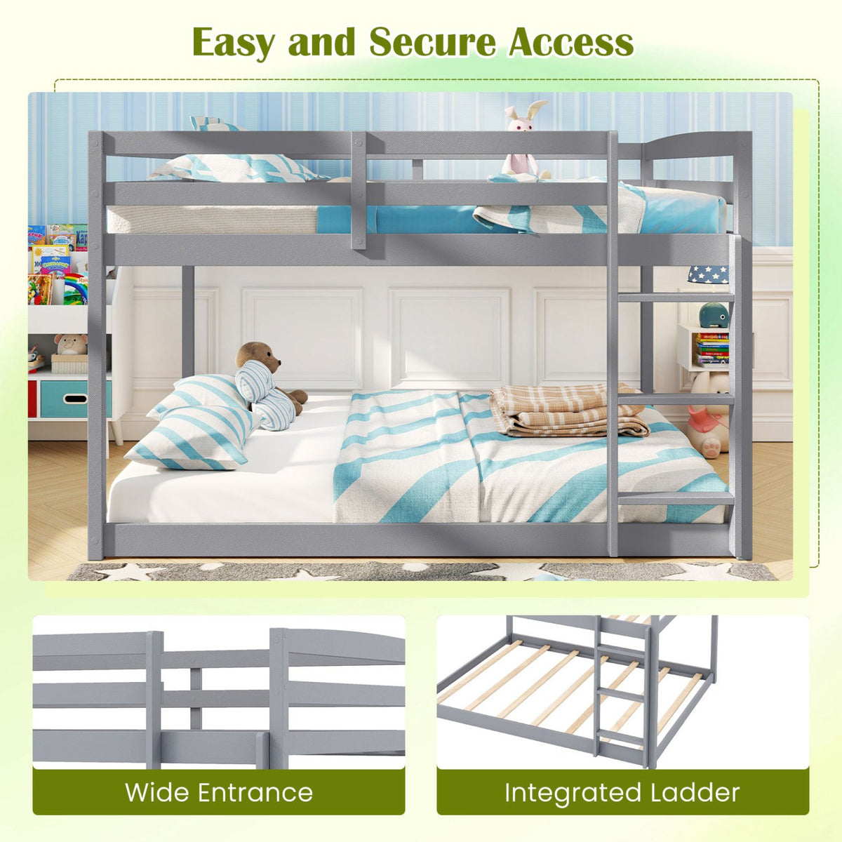 Full Over Full Bunk Bed Low-to-ground Bunk Bed-Gray view 9