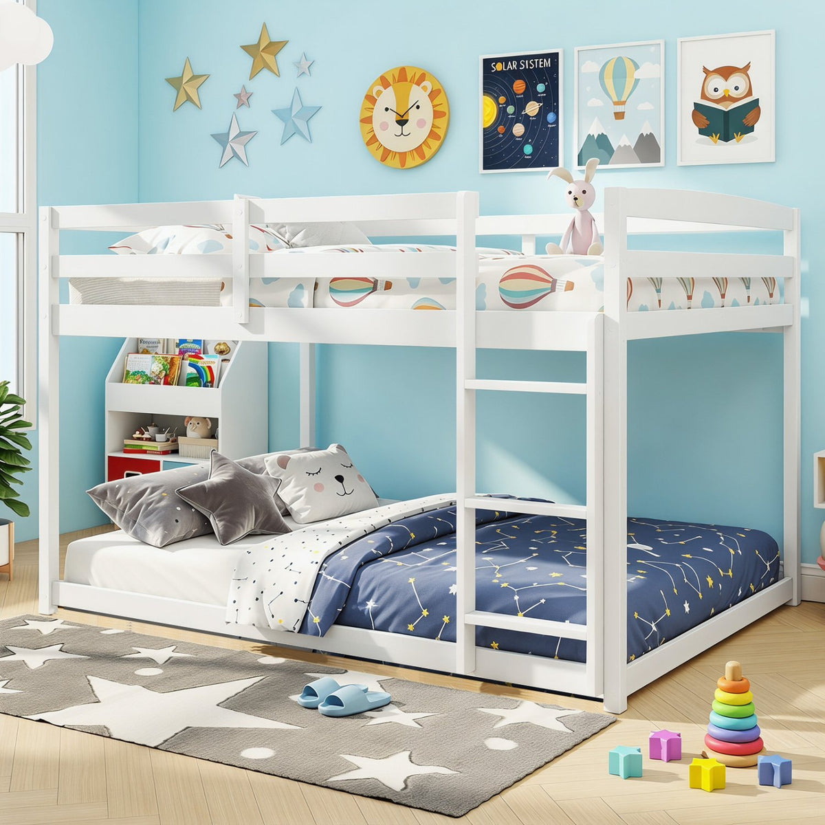Full Over Full Bunk Bed Low-to-ground Bunk Bed-White view 2