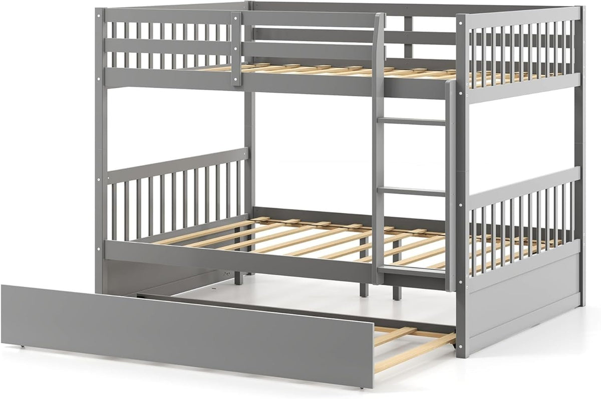 Full over Full Bunk Bed Platform Wood Bed with Ladder-Gray