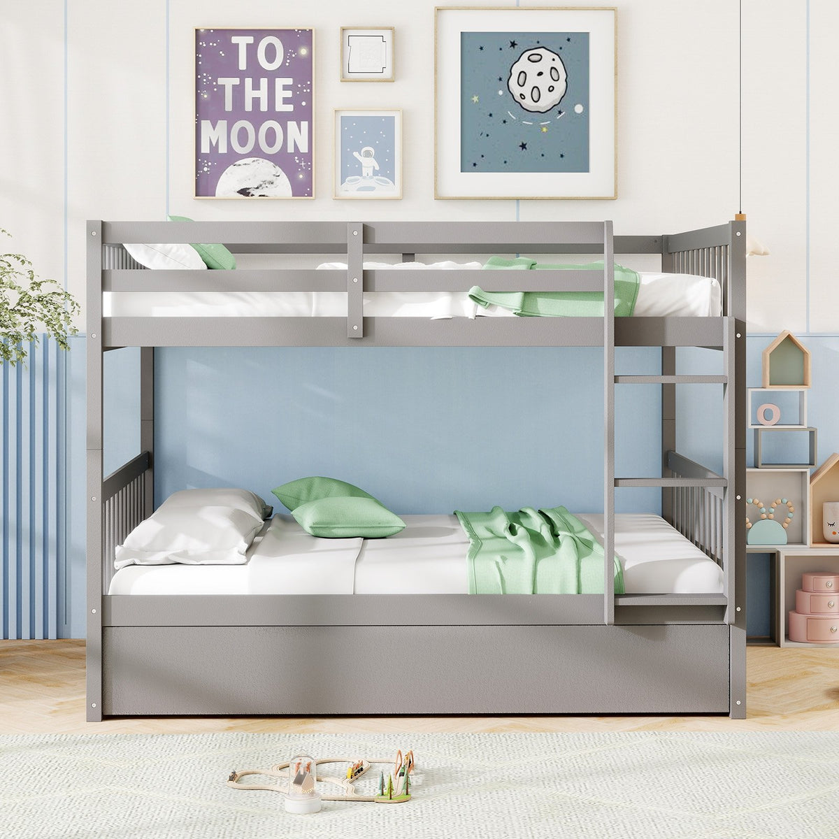 Full over Full Bunk Bed Platform Wood Bed with Ladder-Gray view 3