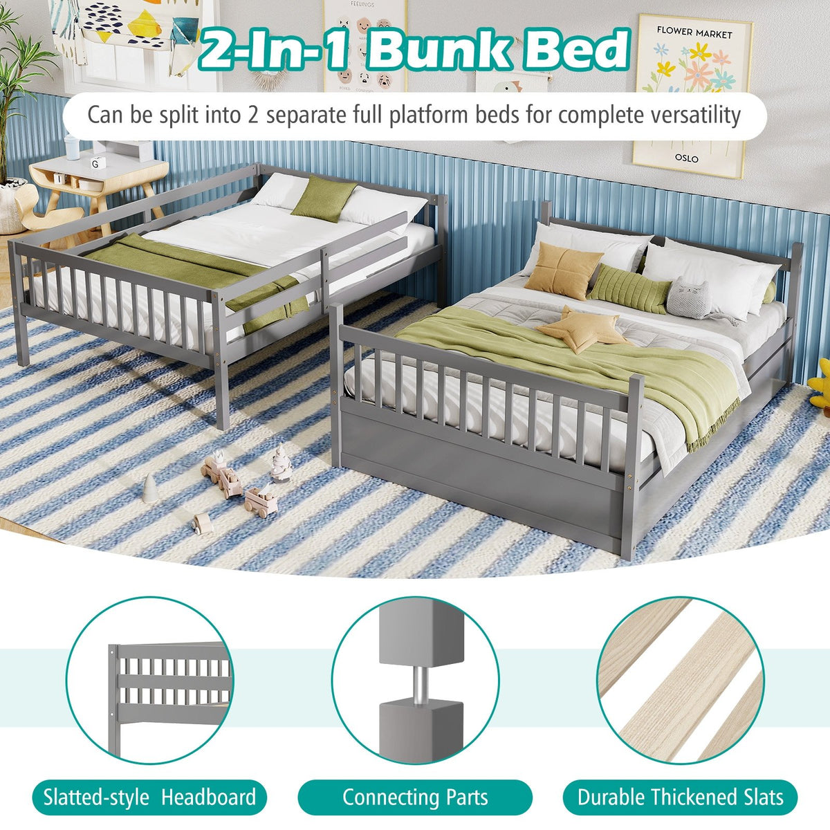 Full over Full Bunk Bed Platform Wood Bed with Ladder-Gray view 8