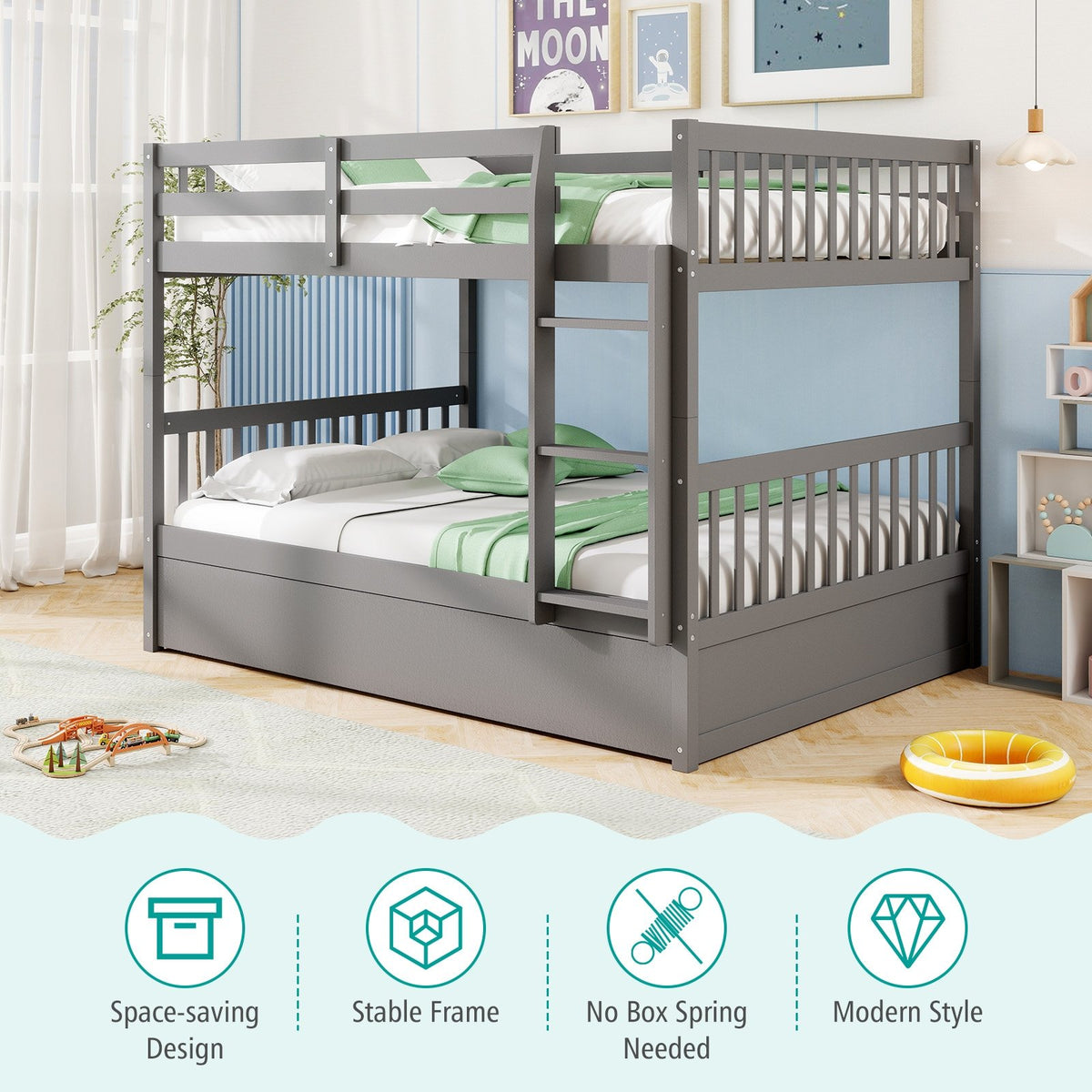 Full over Full Bunk Bed Platform Wood Bed with Ladder-Gray view 9
