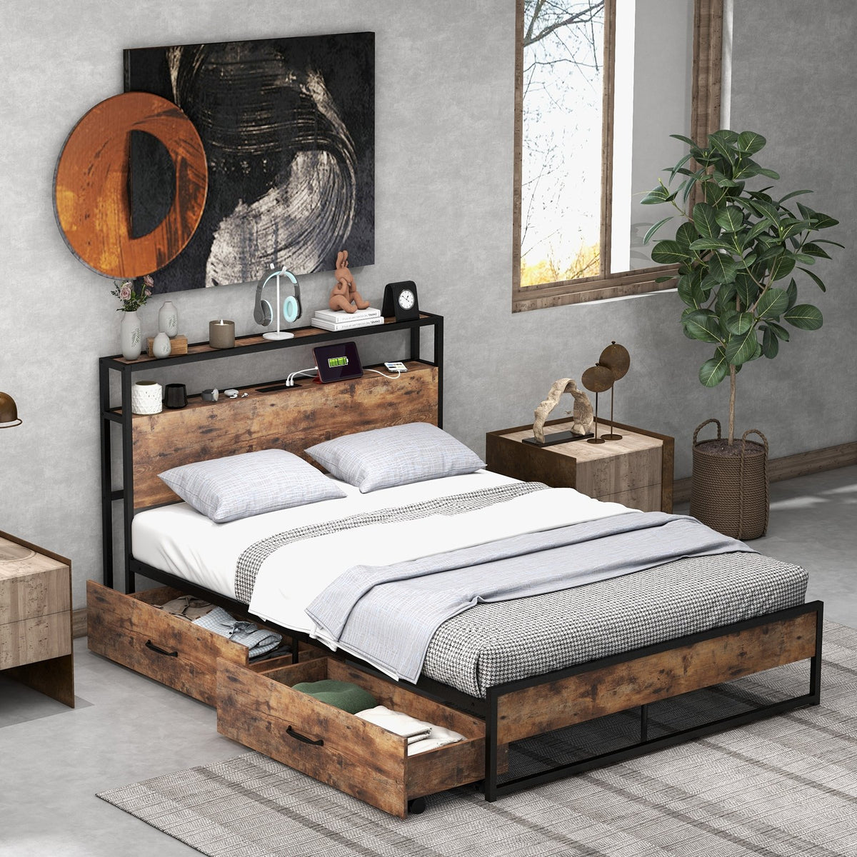 Full/Queen Bed Frame with 2-Tier Storage Headboard and Charging Station-Full Size view 2