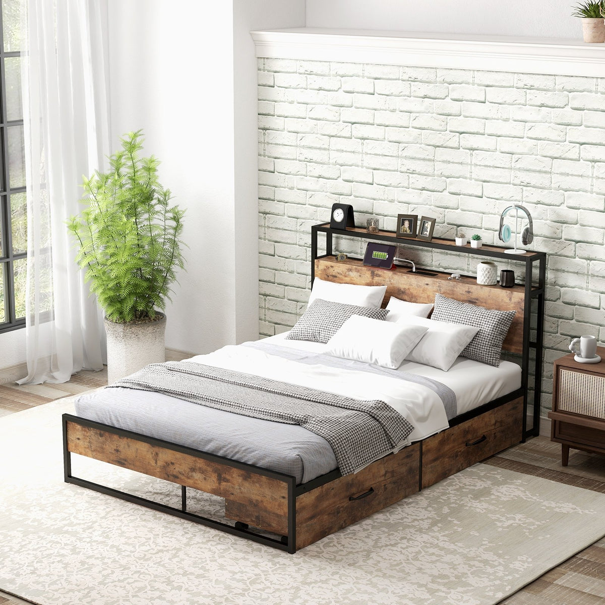 Full/Queen Bed Frame with 2-Tier Storage Headboard and Charging Station-Full Size view 3