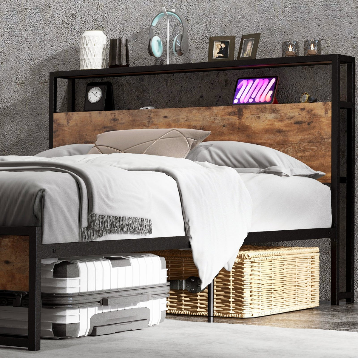 Full/Queen Bed Frame with 2-Tier Storage Headboard and Charging Station-Full Size view 6