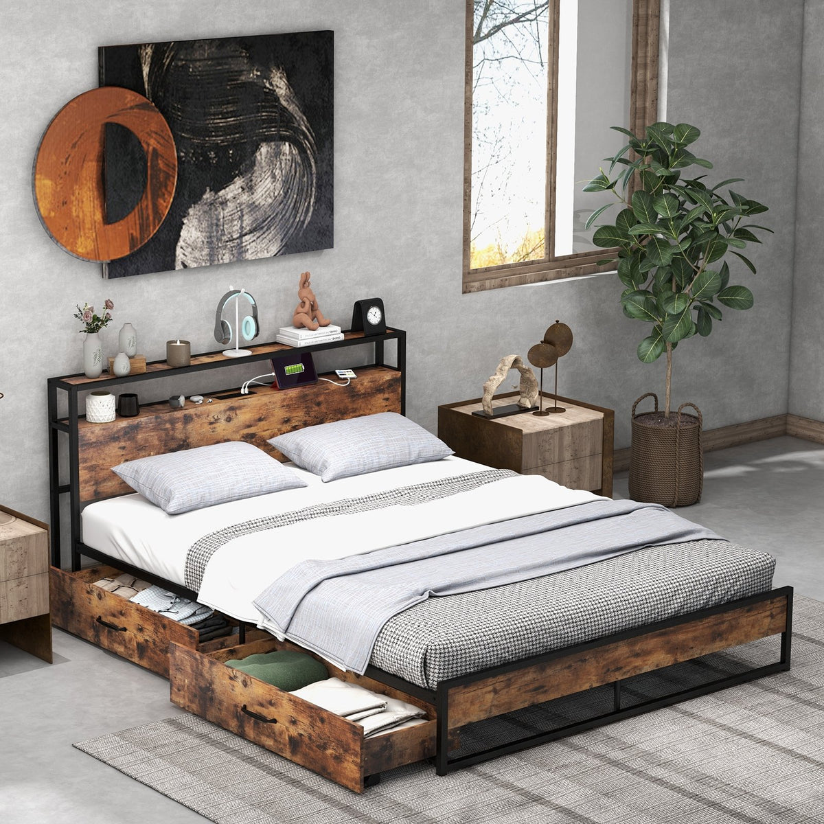 Full/Queen Bed Frame with 2-Tier Storage Headboard and Charging Station-Queen Size view 3
