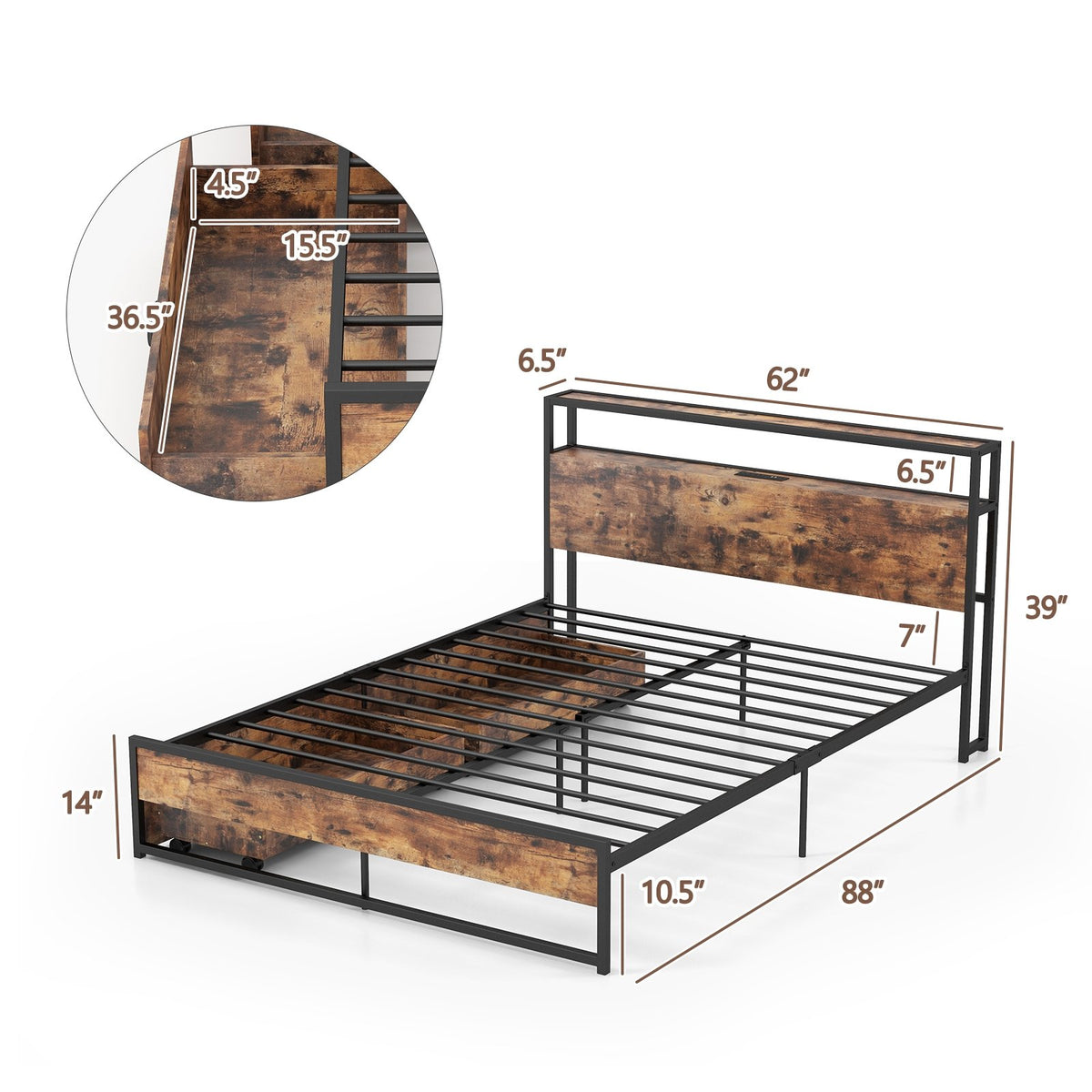 Full/Queen Bed Frame with 2-Tier Storage Headboard and Charging Station-Queen Size view 4